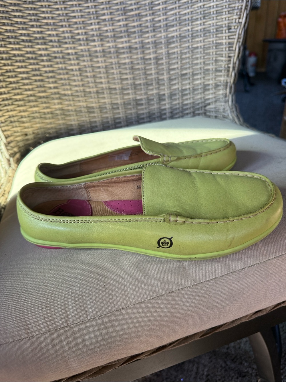 Born chartreuse Green Leather Slip-On Loafers women’s